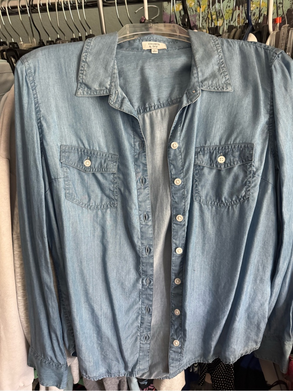 Women’s crown & ivy light blue denim button-down shirt- Tencel